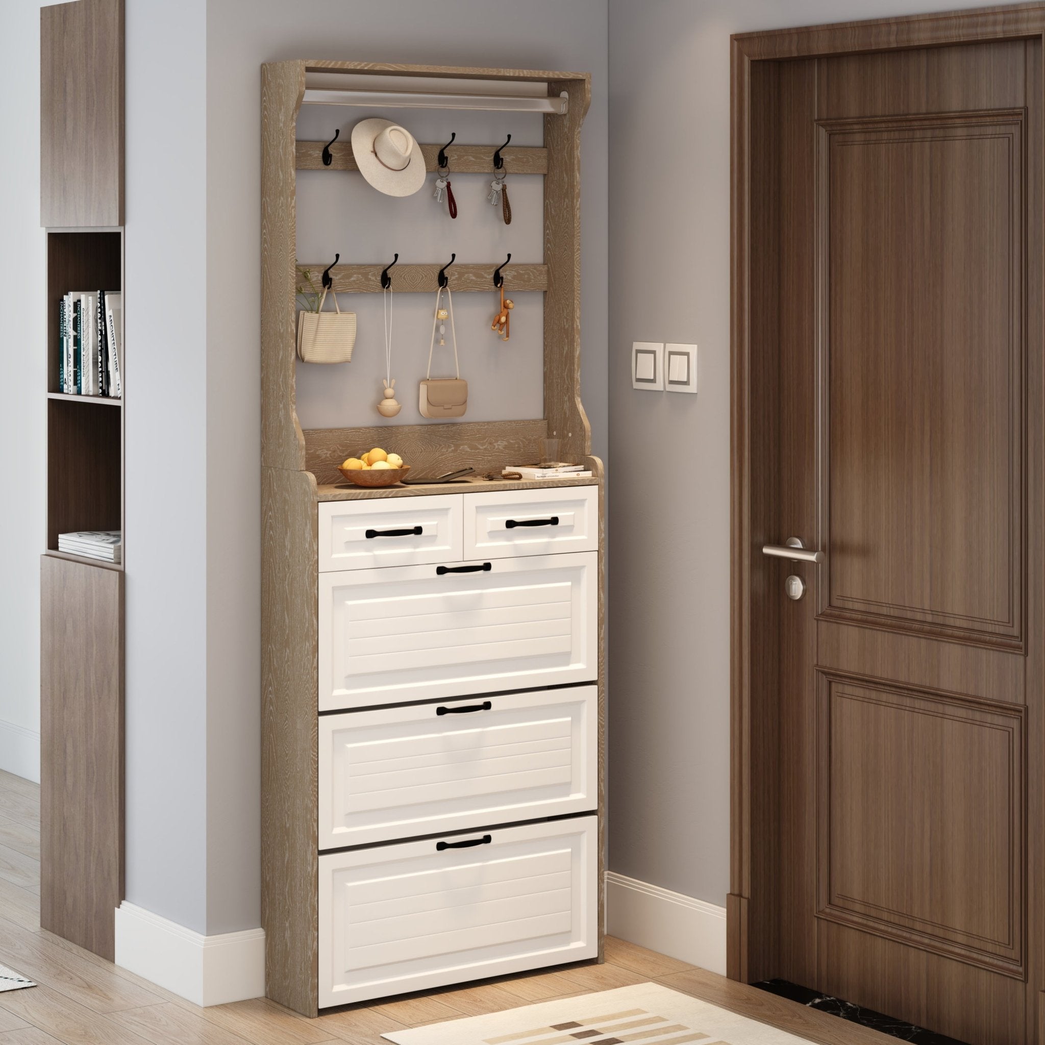 White shoe cabinet, 3 doors and 2 drawers with clothes hangers - KiKiUMi