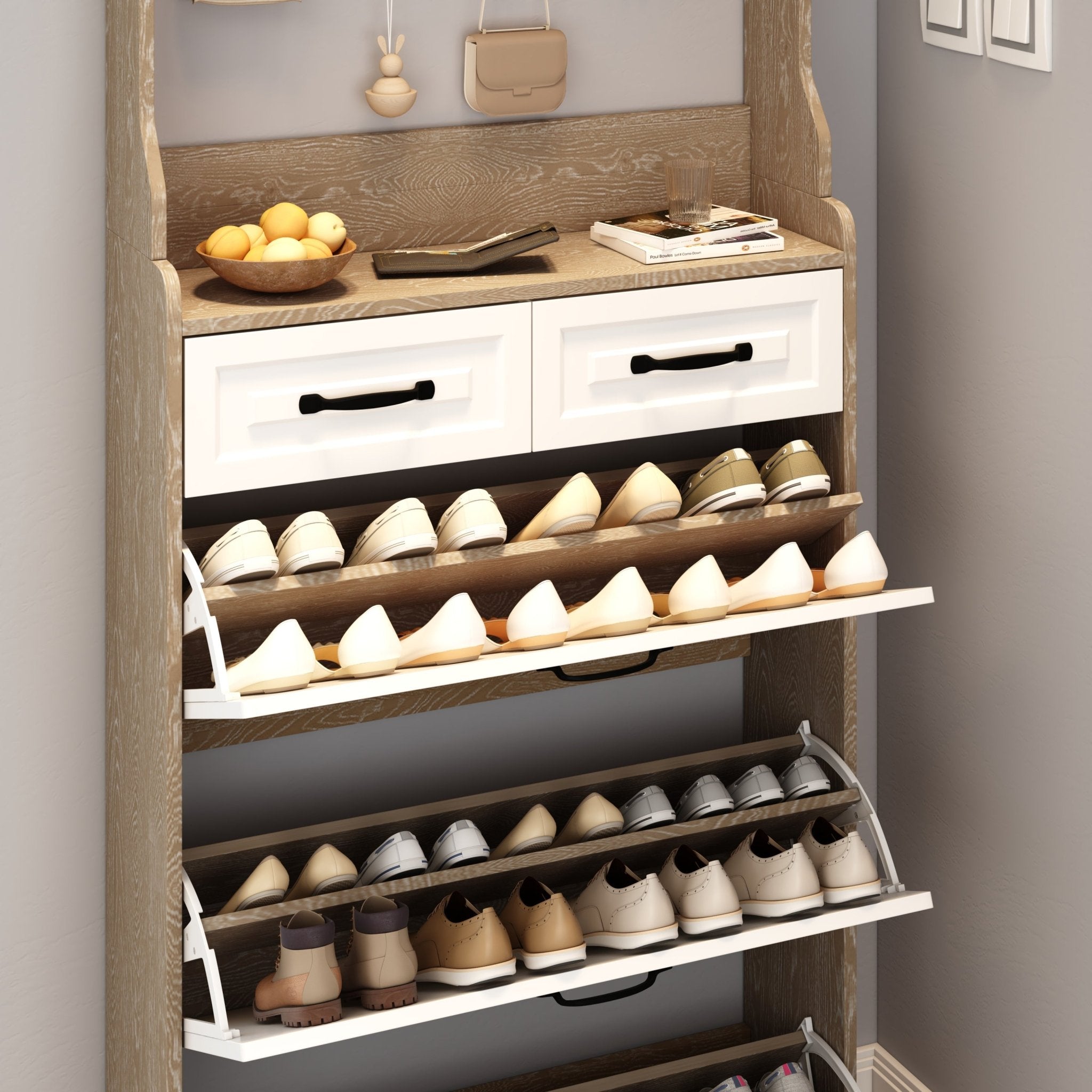 White shoe cabinet, 3 doors and 2 drawers with clothes hangers - KiKiUMi