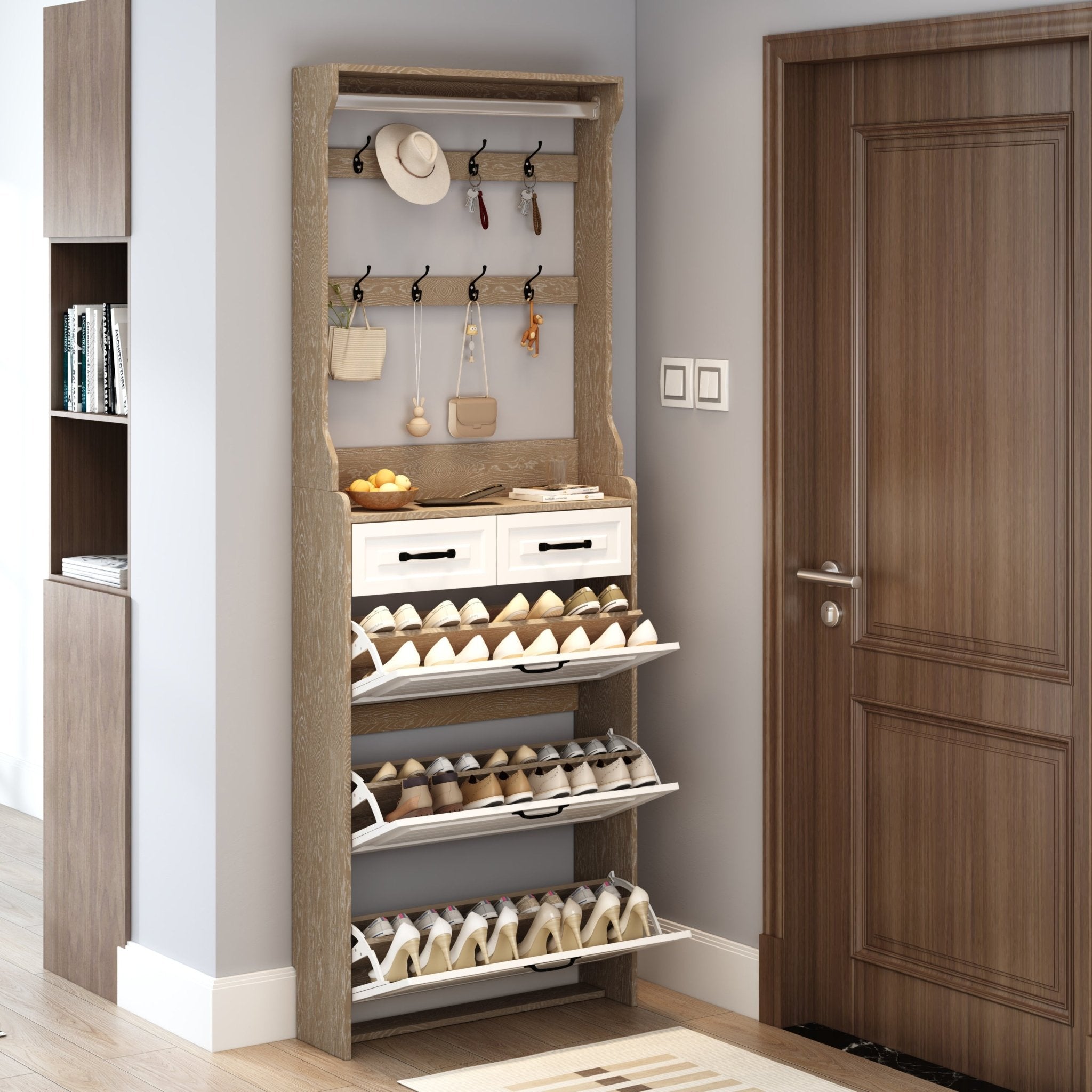 White shoe cabinet, 3 doors and 2 drawers with clothes hangers - KiKiUMi