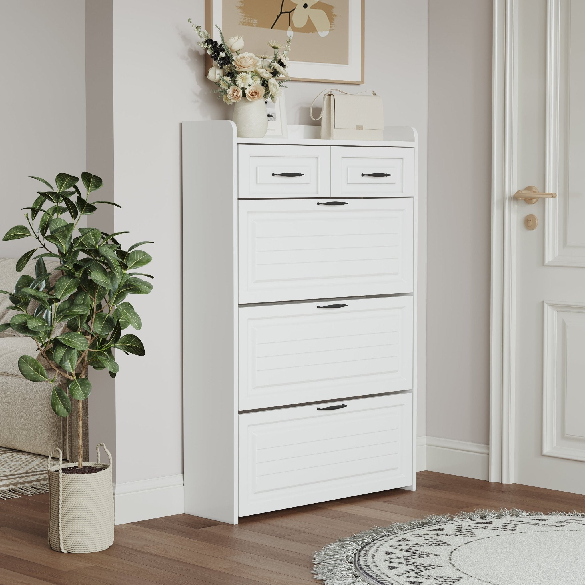 White shoe cabinet, 3 doors and 2 drawers, with large storage space - KiKiUMi
