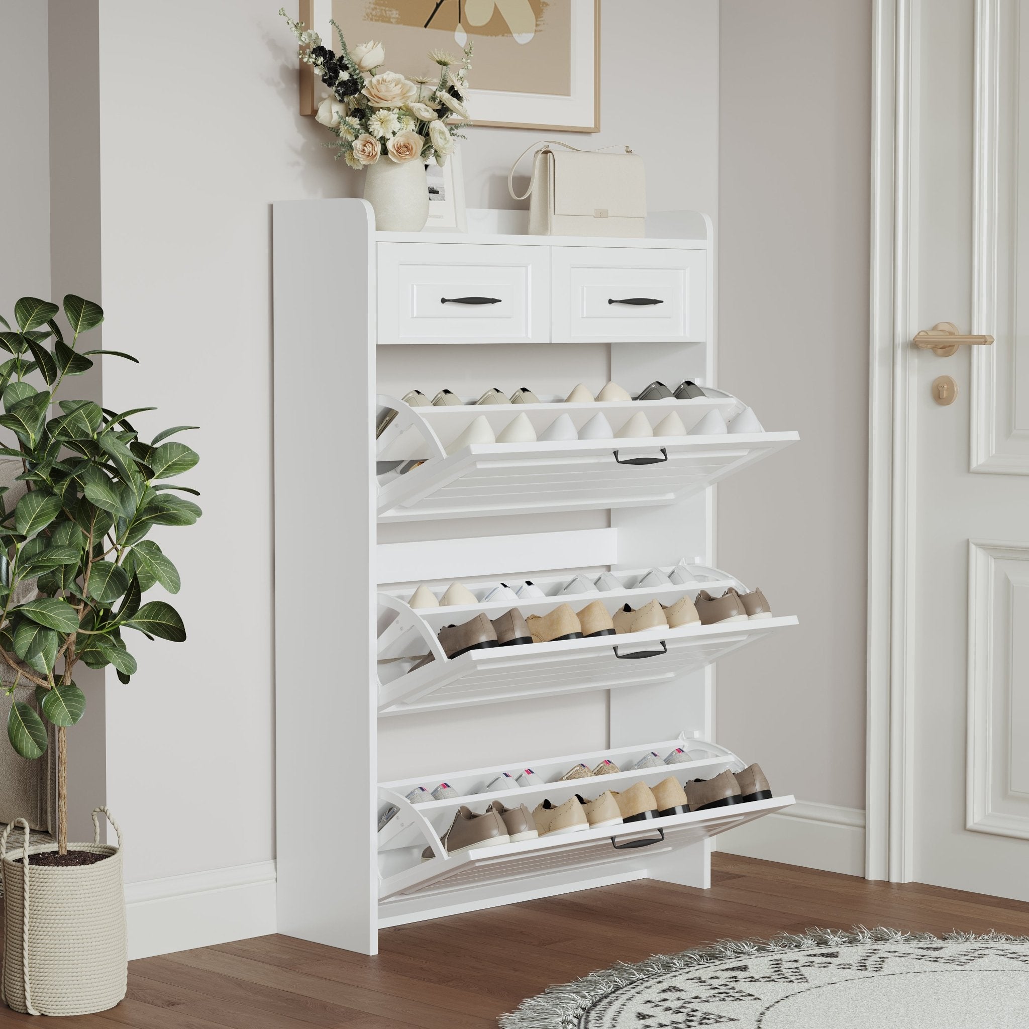 White shoe cabinet, 3 doors and 2 drawers, with large storage space - KiKiUMi