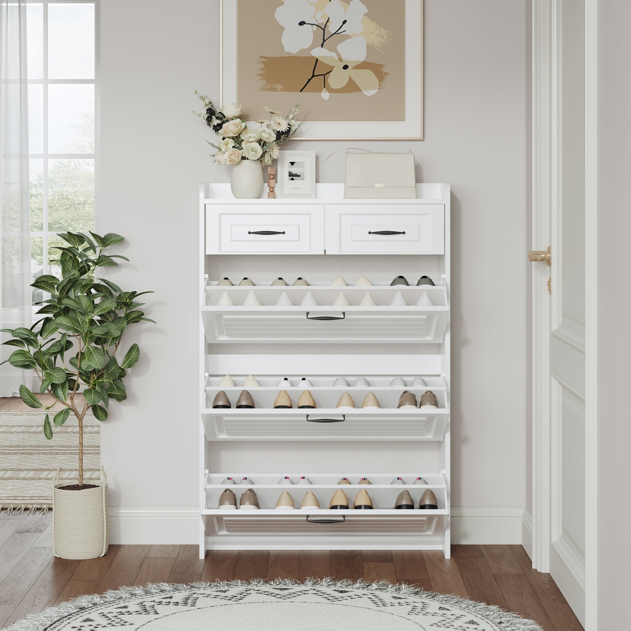 White shoe cabinet, 3 doors and 2 drawers, with large storage space - KiKiUMi