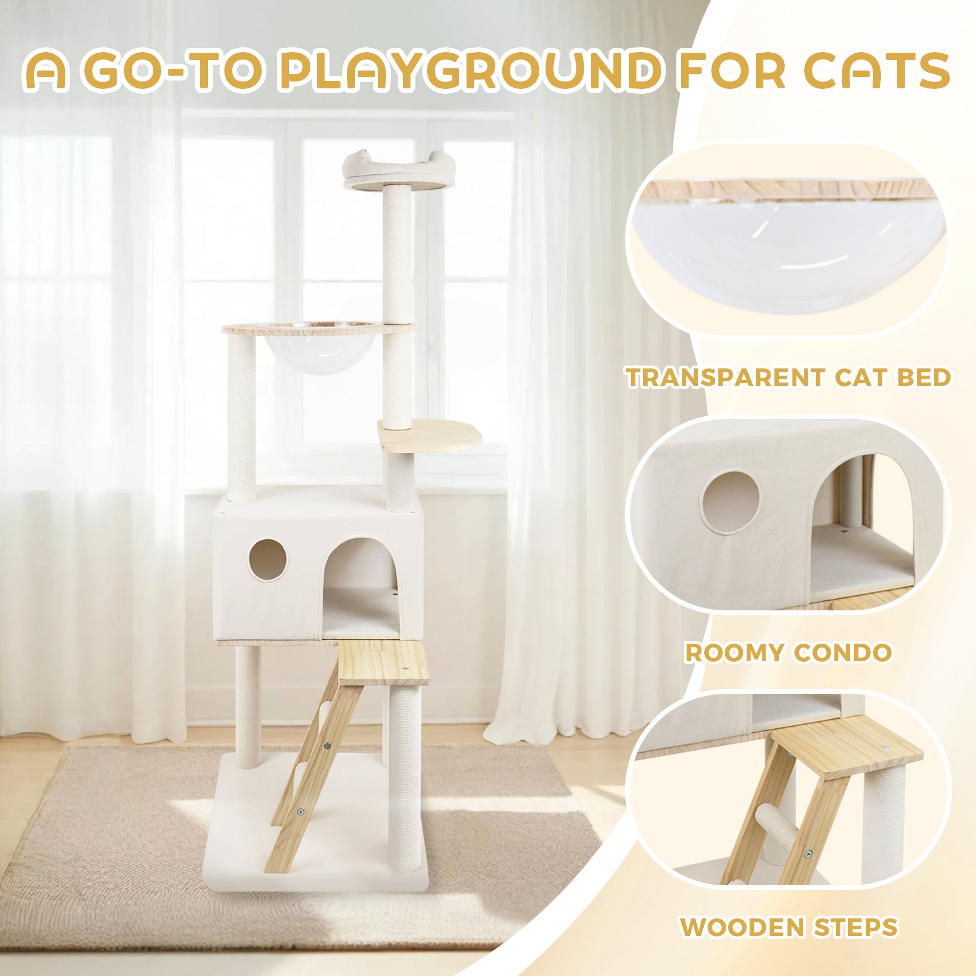 wood cat tree with large condo wood ladder and transparent spacecraft 165cm - KiKiUMi