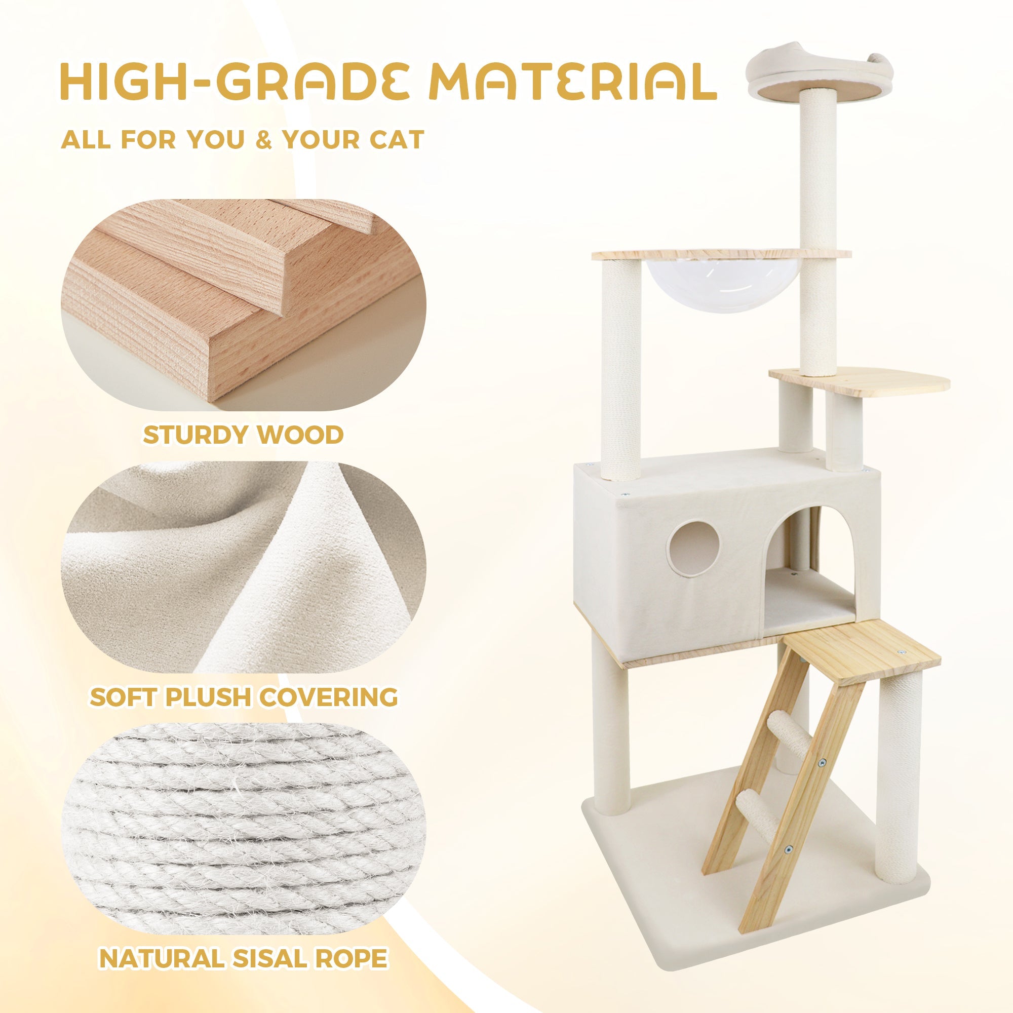 wood cat tree with large condo wood ladder and transparent spacecraft 165cm - KiKiUMi