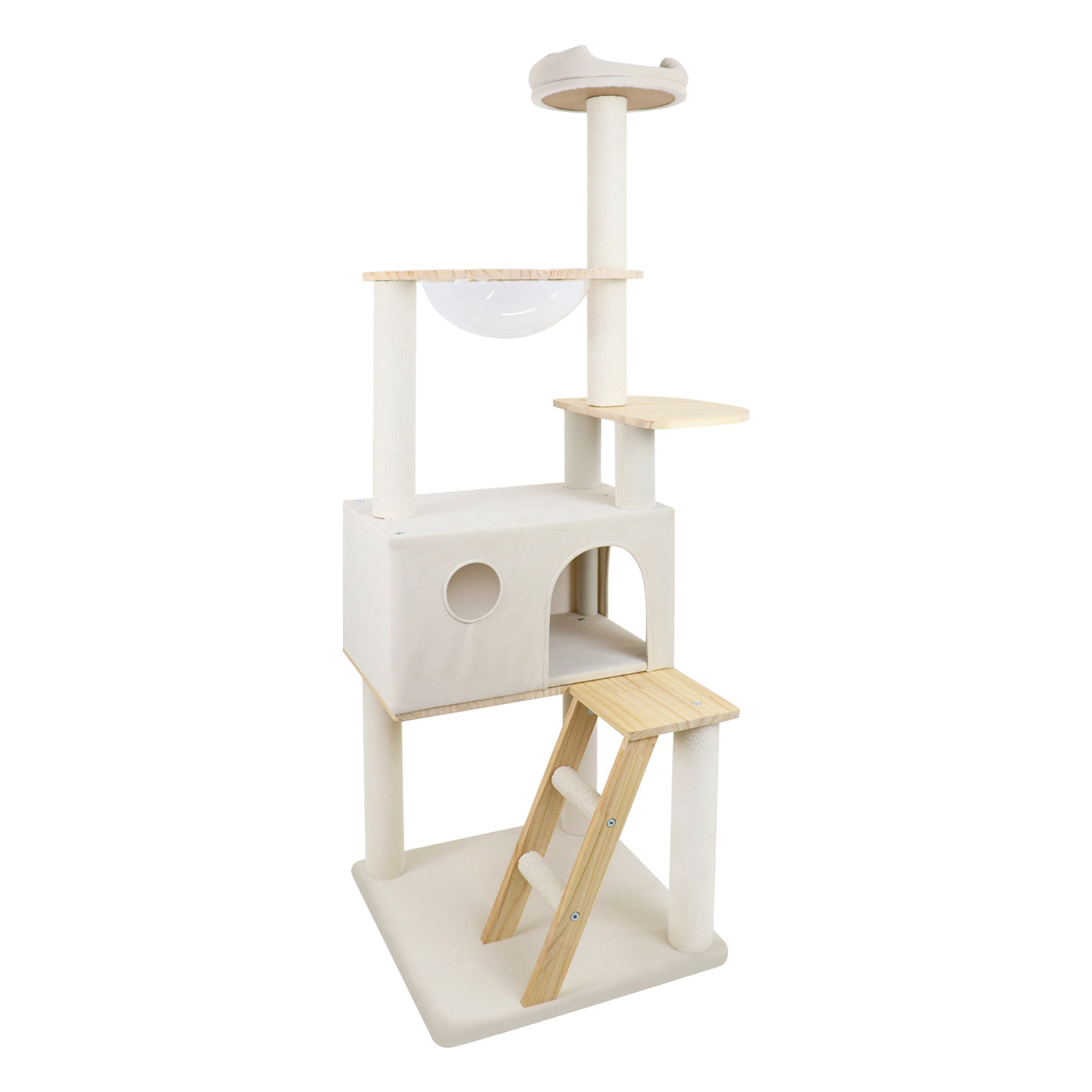 wood cat tree with large condo wood ladder and transparent spacecraft 165cm - KiKiUMi