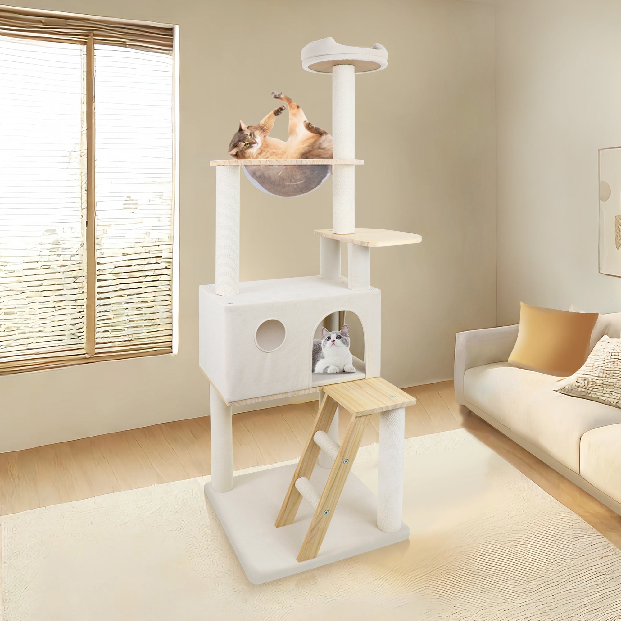 wood cat tree with large condo wood ladder and transparent spacecraft 165cm - KiKiUMi