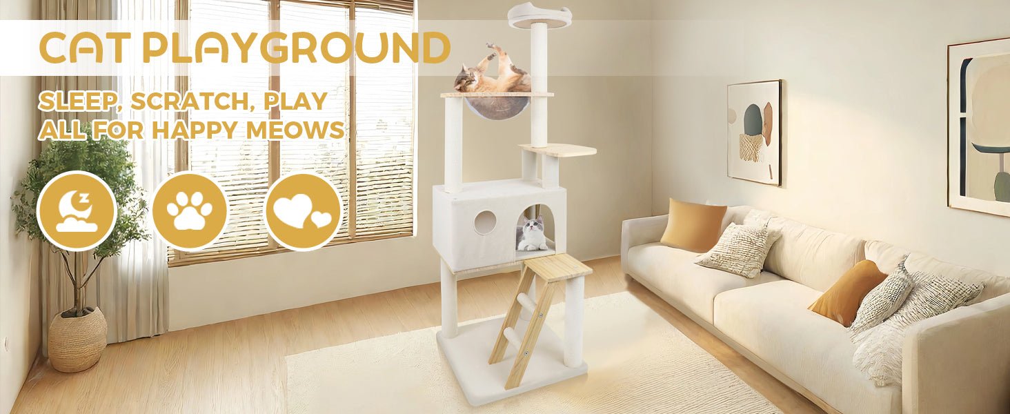 wood cat tree with large condo wood ladder and transparent spacecraft 165cm - KiKiUMi
