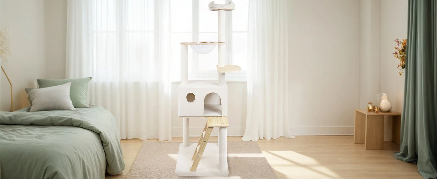 wood cat tree with large condo wood ladder and transparent spacecraft 165cm - KiKiUMi
