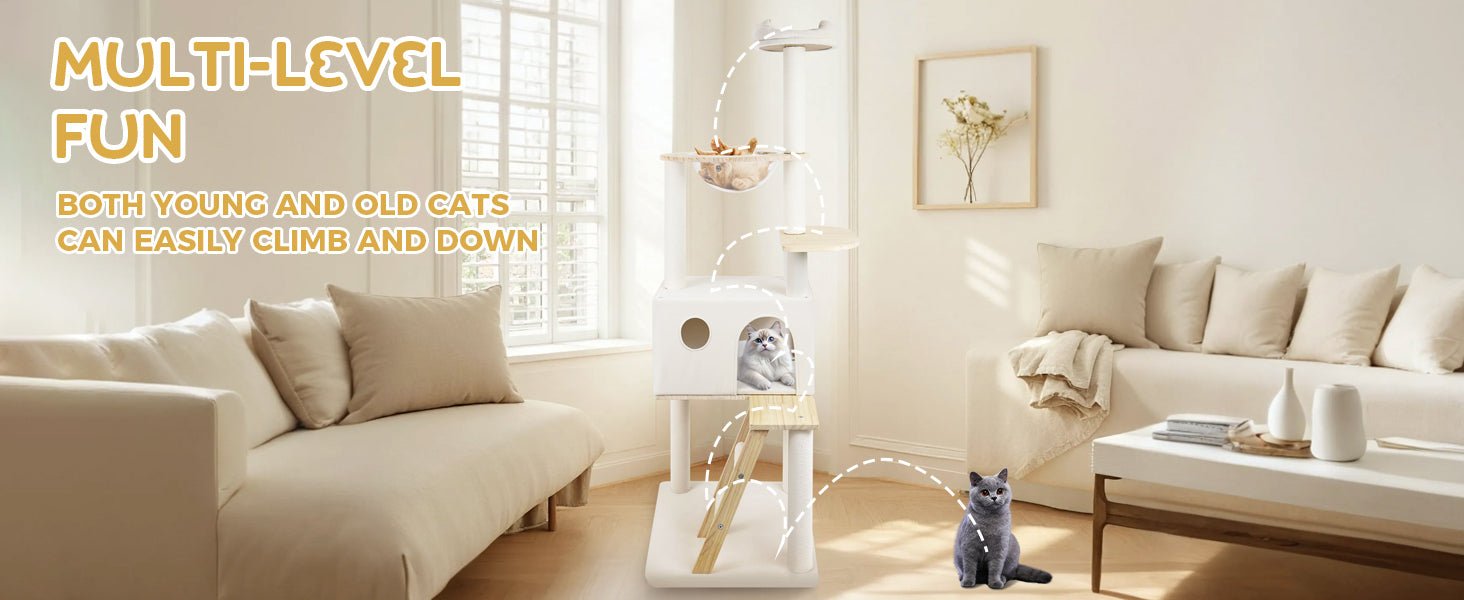 wood cat tree with large condo wood ladder and transparent spacecraft 165cm - KiKiUMi