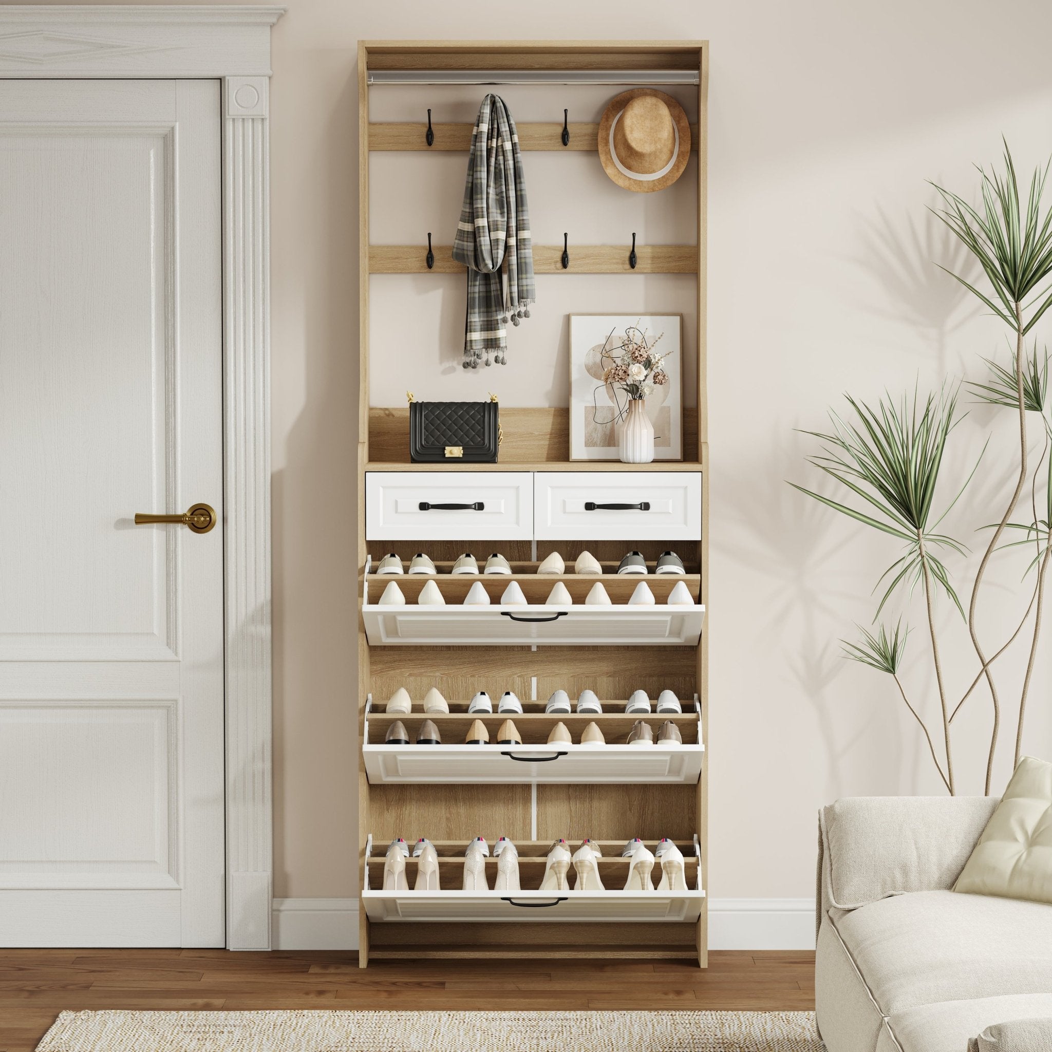 Wooden shoe cabinet, 3 doors and 2 drawers - KiKiUMi