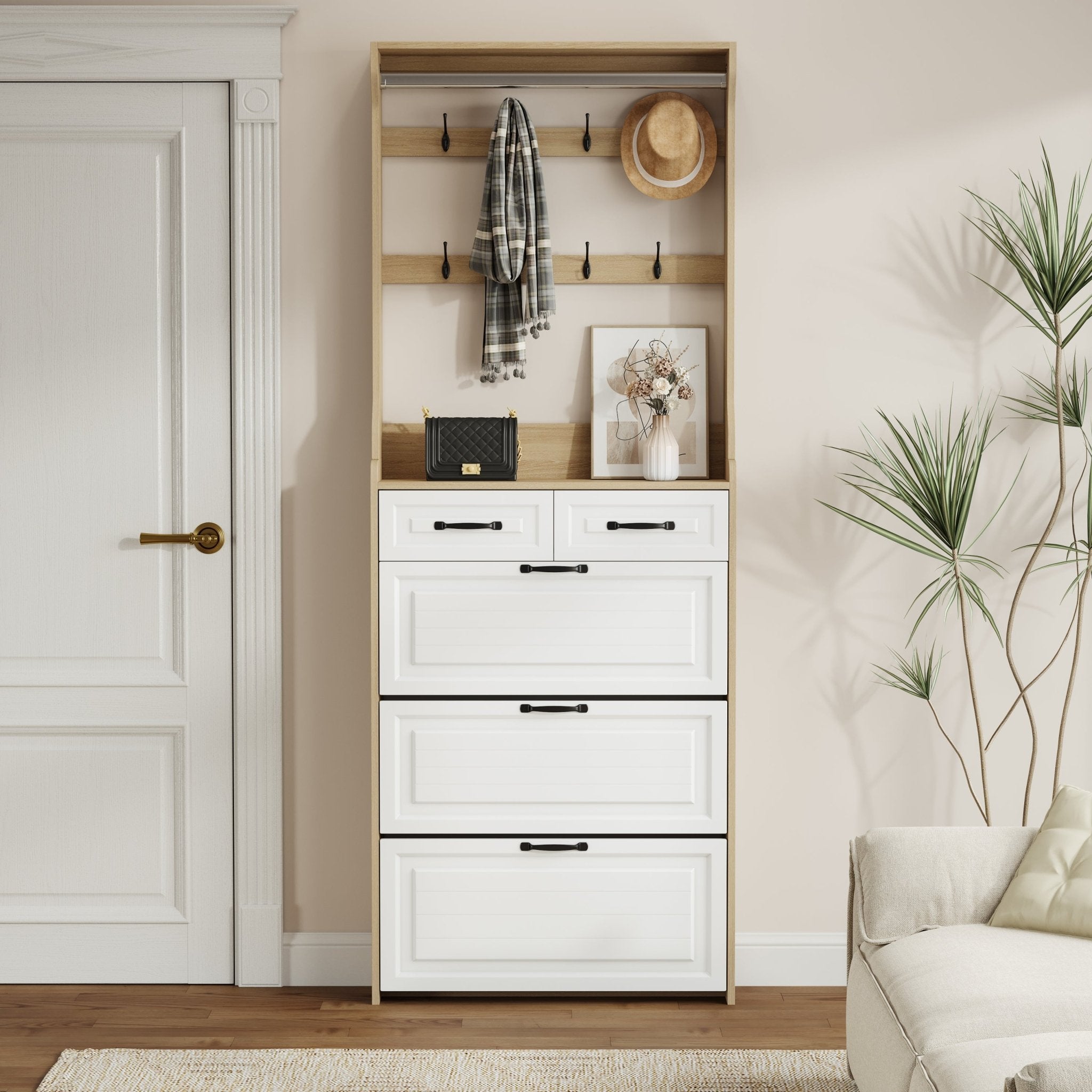 Wooden shoe cabinet, 3 doors and 2 drawers - KiKiUMi