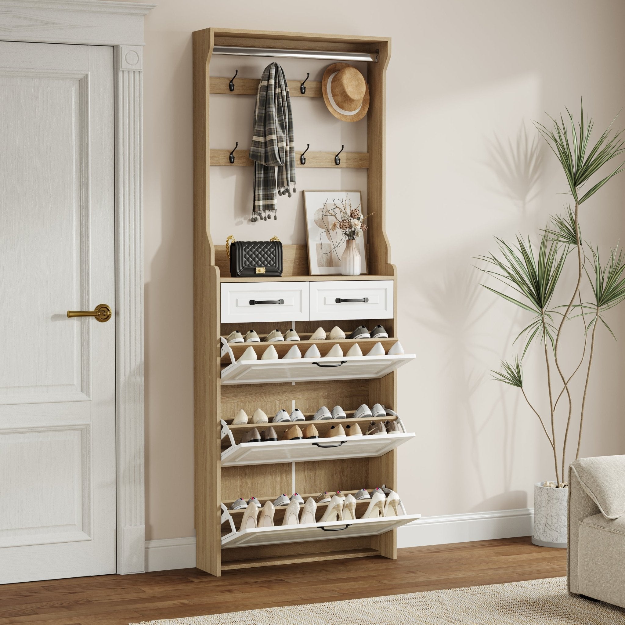 Wooden shoe cabinet, 3 doors and 2 drawers - KiKiUMi
